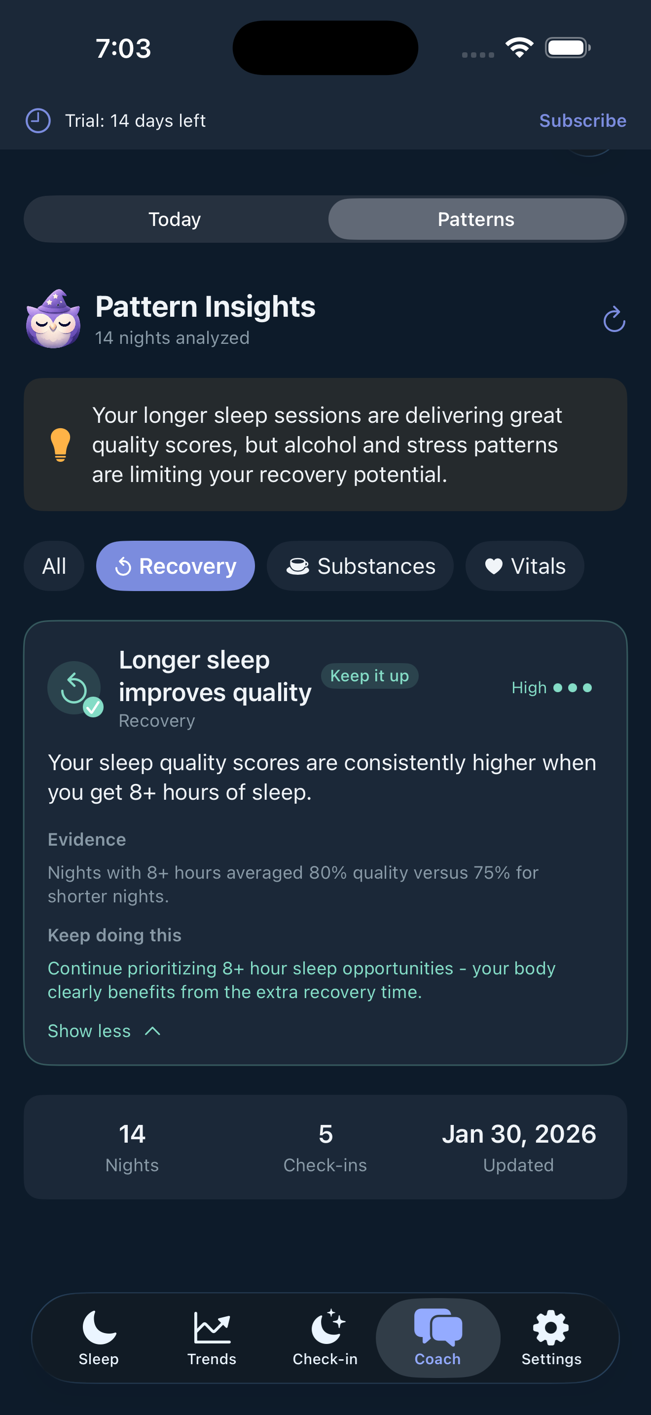 Pattern insight showing positive sleep pattern
